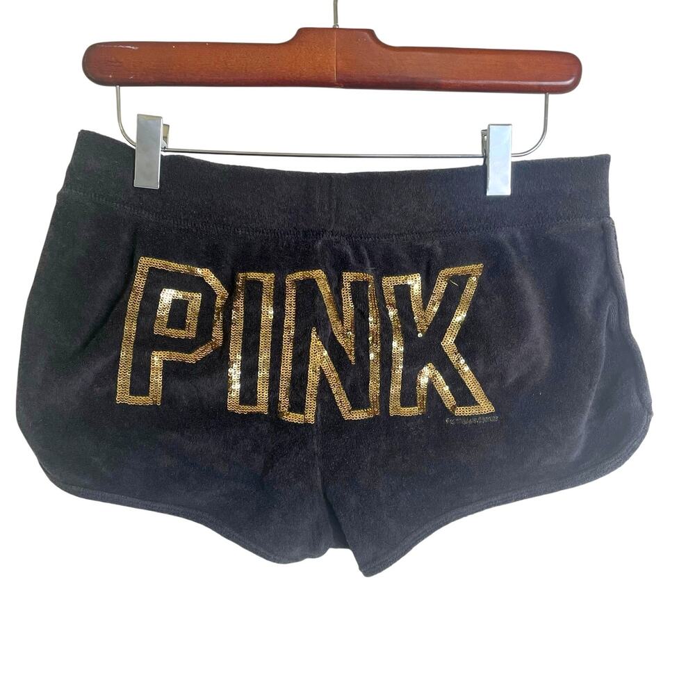 Victoria's Secret 90s Y2K PINK Shorts Sz S Terry Cloth Sequin Micro Logo Bling